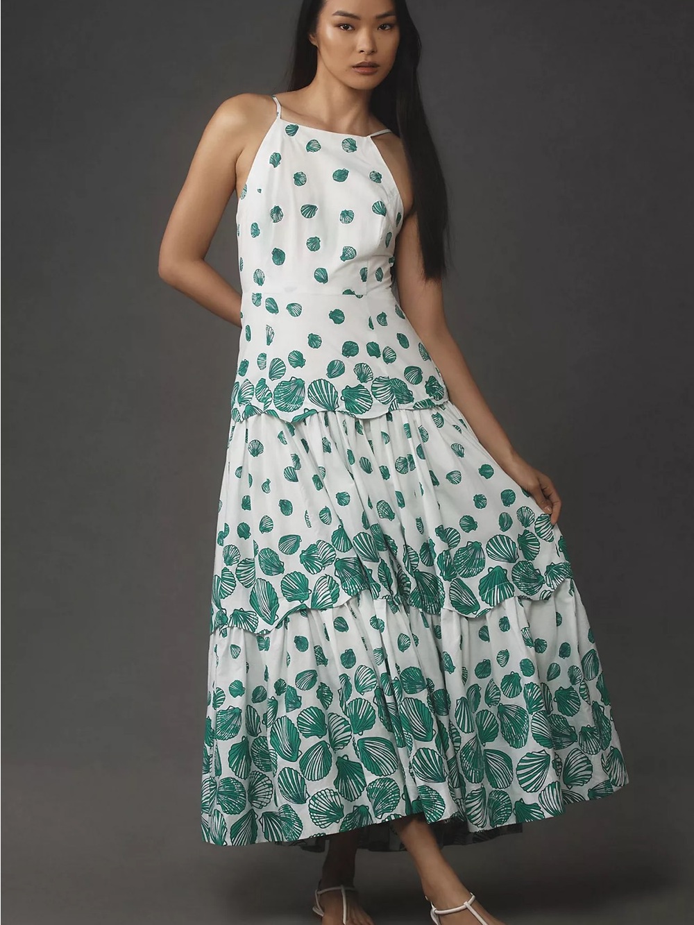 Anthropologie White Maxi Dress with Green Leaf Print